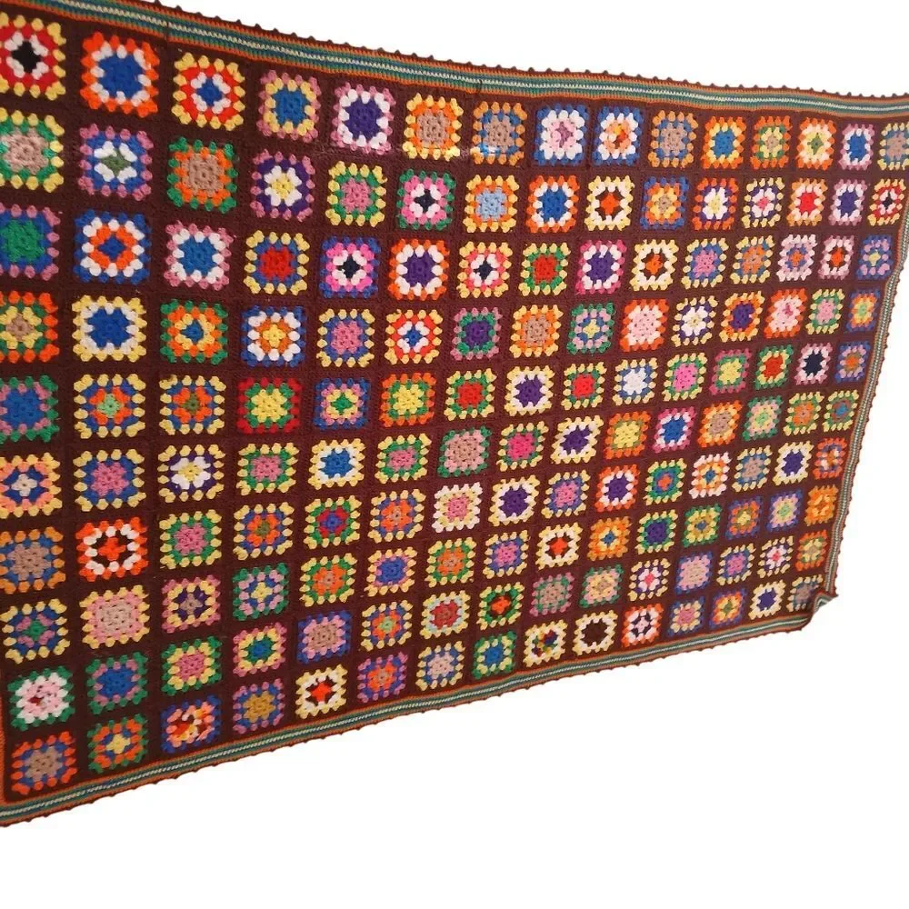 Vintage 70's Handmade Blanket Granny Square Farmhouse Multi-Color Crochet Unique